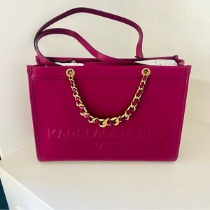 KARL LAGERFELD Paris wine purse leather shoulder bag new tag gold chains savoie
